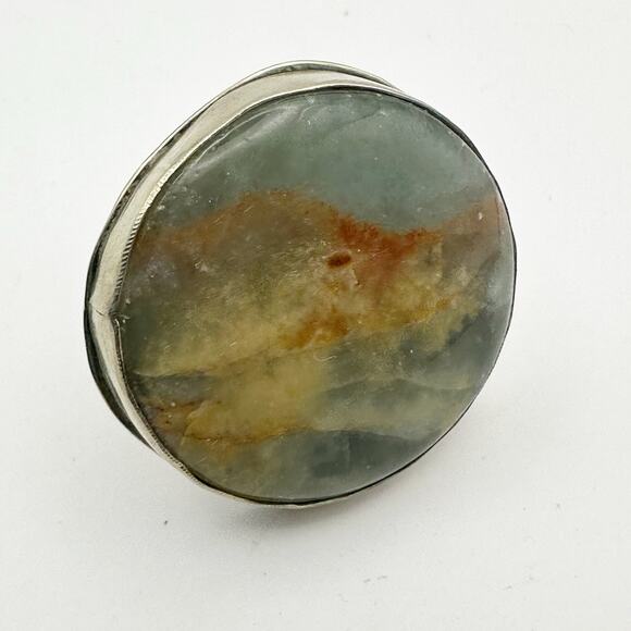 Large Stone Western Adjustable Ring Green SIlver Yellow Boho - Picture 1 of 10